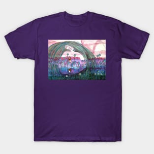 Girl in a Field of Blue Flowers- Drawing T-Shirt